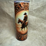 20 oz leather tooled picture frame of a cowboy and horse