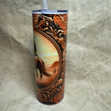 20 oz leather tooled picture frame of a cowboy and horse