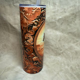 20 oz leather tooled picture frame of a cowboy and horse