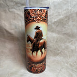 20 oz leather tooled picture frame of a cowboy and horse