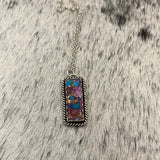 Purple Dahlia Kingman Turquoise Hanging Bar necklace