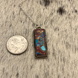 Purple Dahlia Kingman Turquoise Hanging Bar necklace