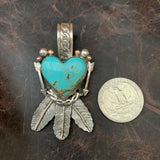 Beautiful Baja Turquoise Heart and Feather Pendant