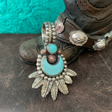Beautiful Kingman Turquoise half moon and Feather Pendant
