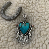 Beautiful #8 Turquoise Heart and Feather Pendant