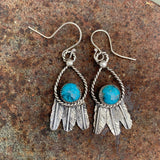 Small round Kingman Turquoise and Sterling Silver Feather hook earrings