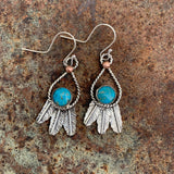 Small round Kingman Turquoise and Sterling Silver Feather hook earrings