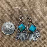 Small Square Kingman Turquoise and Sterling Silver Feather hook earrings