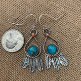 Small round Kingman Turquoise and Sterling Silver Feather hook earrings