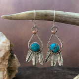 Small round Kingman Turquoise and Sterling Silver Feather hook earrings