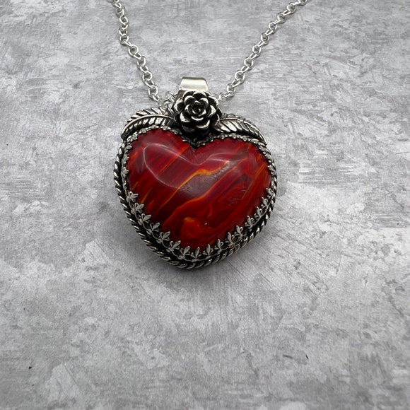 Beautiful Red slag glass heart necklace