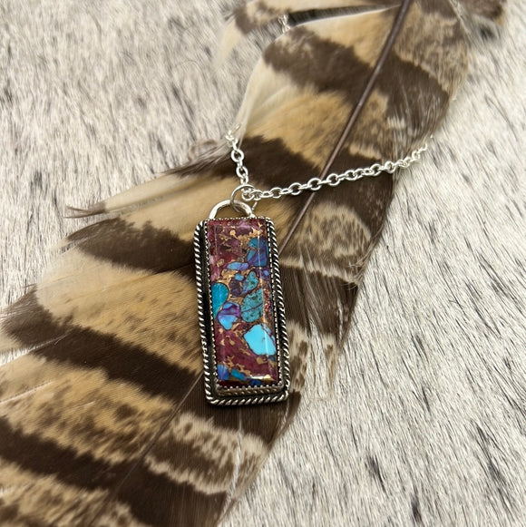 Purple Dahlia Kingman Turquoise Hanging Bar necklace