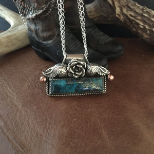 Fancy Kingman Turquoise  Bar with rose Necklace