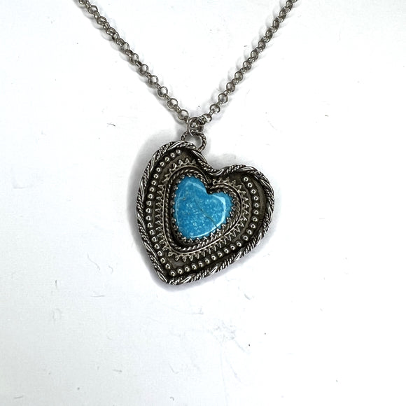 Lovely Blue Kingman Turquoise Heart Sterling Silver Necklace.