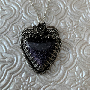 Blue Goldstone Heart Sterling Silver Necklace.