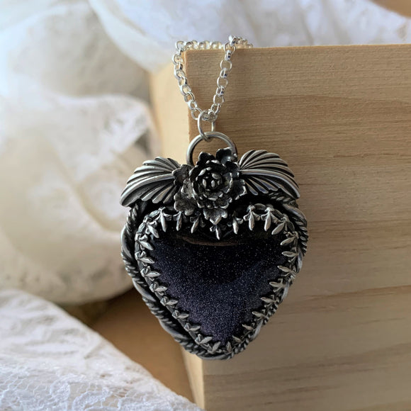 Blue Goldstone Heart Sterling Silver Necklace.