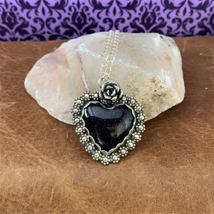 Sparkly Blue Goldstone Heart Sterling Silver Necklace.