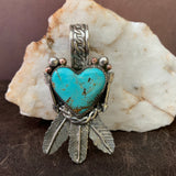 Beautiful Baja Turquoise Heart and Feather Pendant