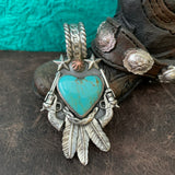 Beautiful Kingman Turquoise Heart and Feather Pendant