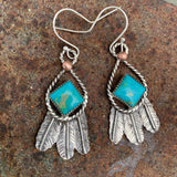 Small Square Kingman Turquoise and Sterling Silver Feather hook earrings