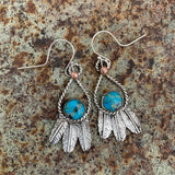Small round Kingman Turquoise and Sterling Silver Feather hook earrings