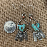 Heart shaped Baja Turquoise and Sterling Silver Feather hook earrings
