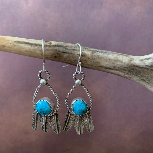 Small round Kingman Turquoise and Sterling Silver Feather hook earrings