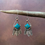 Small Square Kingman Turquoise and Sterling Silver Feather hook earrings