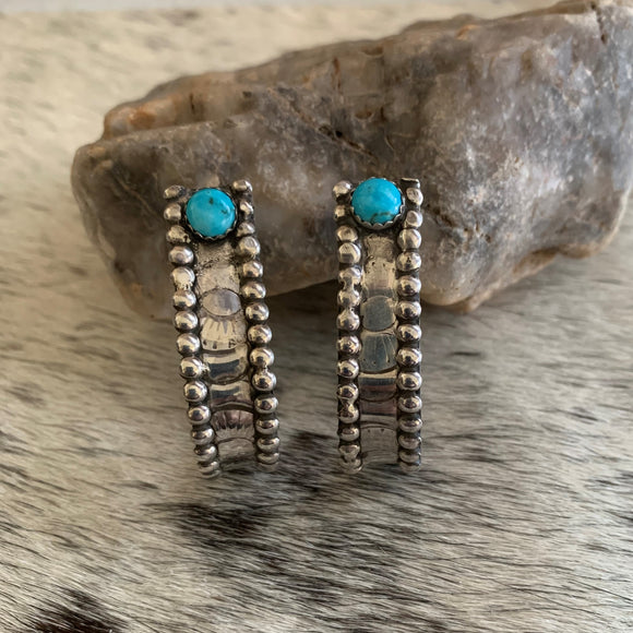 Wide band  Hand Stamped hoop earrings with Kingman Turquoise