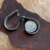 Wide band  Hand Stamped hoop earrings with Kingman Turquoise
