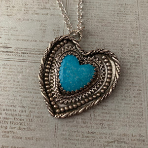 Lovely Blue Kingman Turquoise Heart Sterling Silver Necklace.