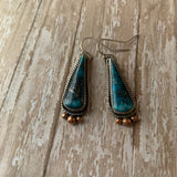 Fancy Kingman Turquoise Sterling Silver slender teardrop earrings with copper