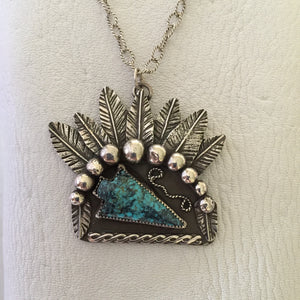 Sterling Silver Chief Feathers with a Turquoise Arrowhead Necklace