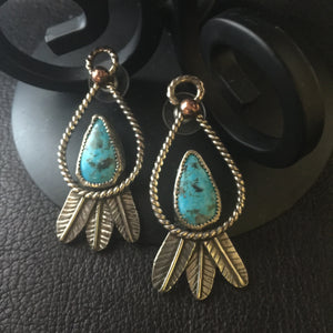Sterling Silver feather and Turquoise Post Earrings