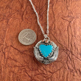 Kingman Turquoise Heart Sterling Silver Necklace with a beautiful tiny rose.